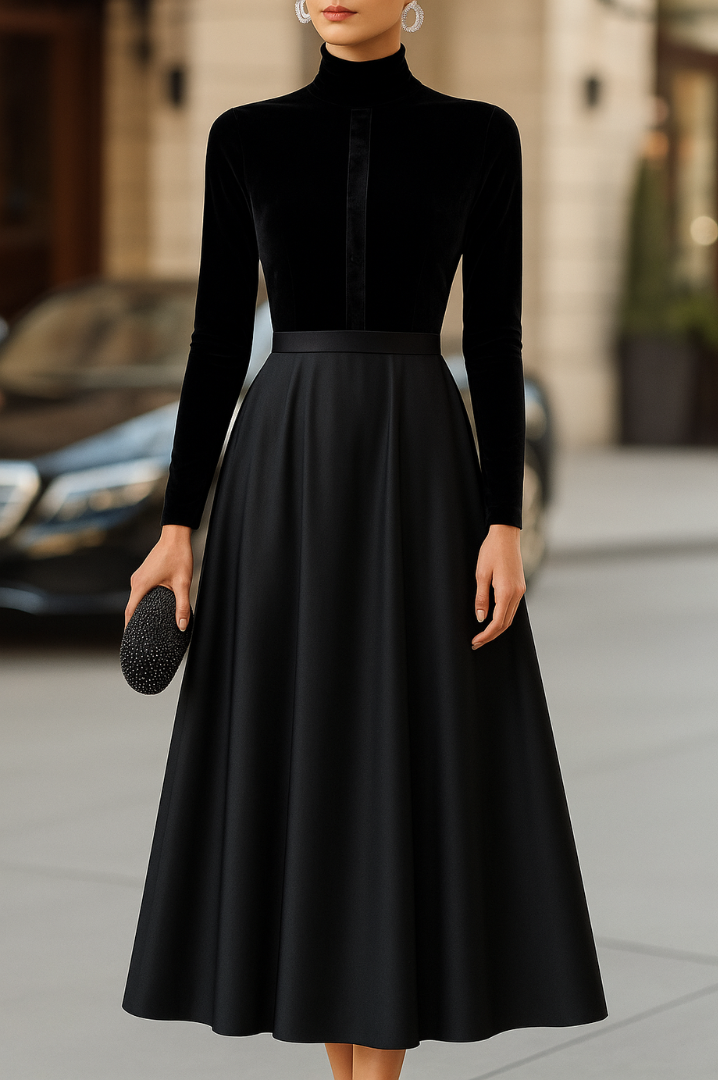 Black Velvet and Satin Long-Sleeve Midi Dress for Evening