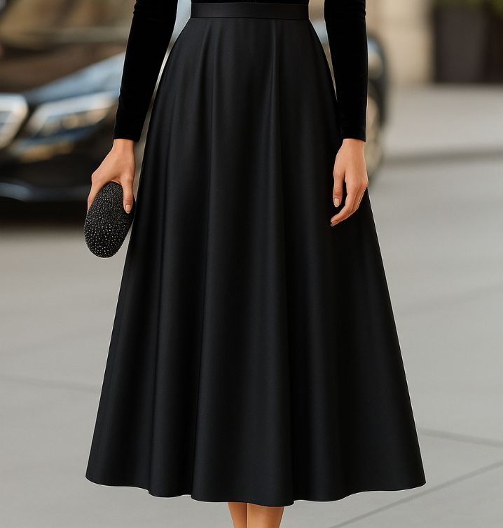 Velvet and Satin Long-Sleeve Midi Dress for Evening
