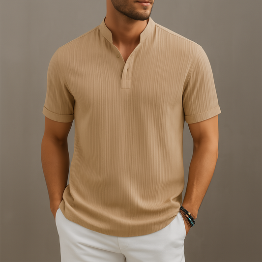 Men's khaki linen popover band collar summer shirt