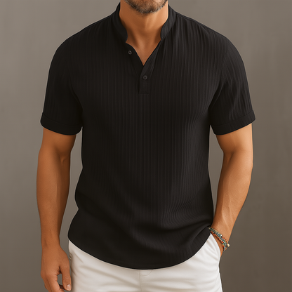Men's khaki linen popover band collar summer shirt