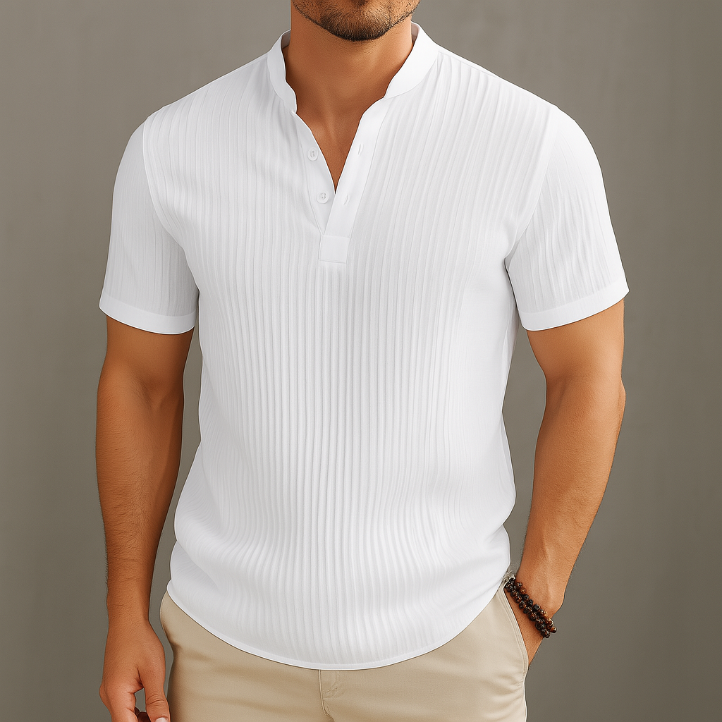 Men's khaki linen popover band collar summer shirt