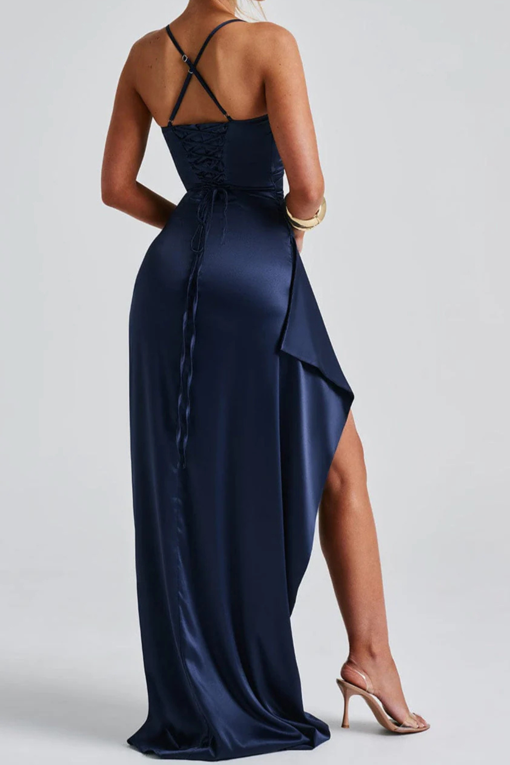 Women's navy blue ruched satin maxi wedding guest dress with side slit