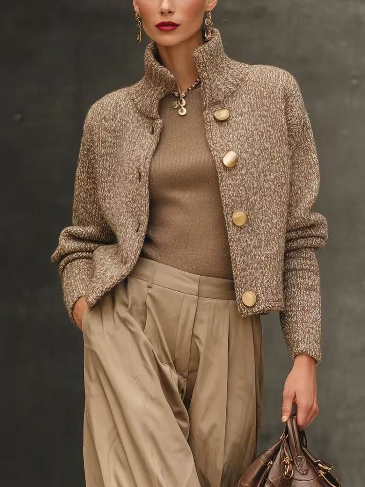 Women's cropped tweed wool-blend jacket in gold-beige