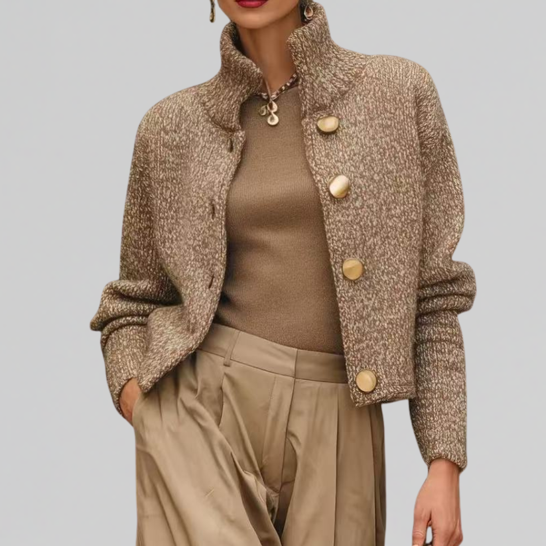 Women's cropped tweed wool-blend jacket in gold-beige