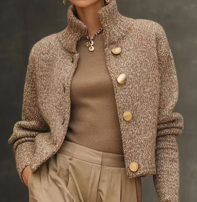 Women's cropped tweed wool-blend jacket in gold-beige