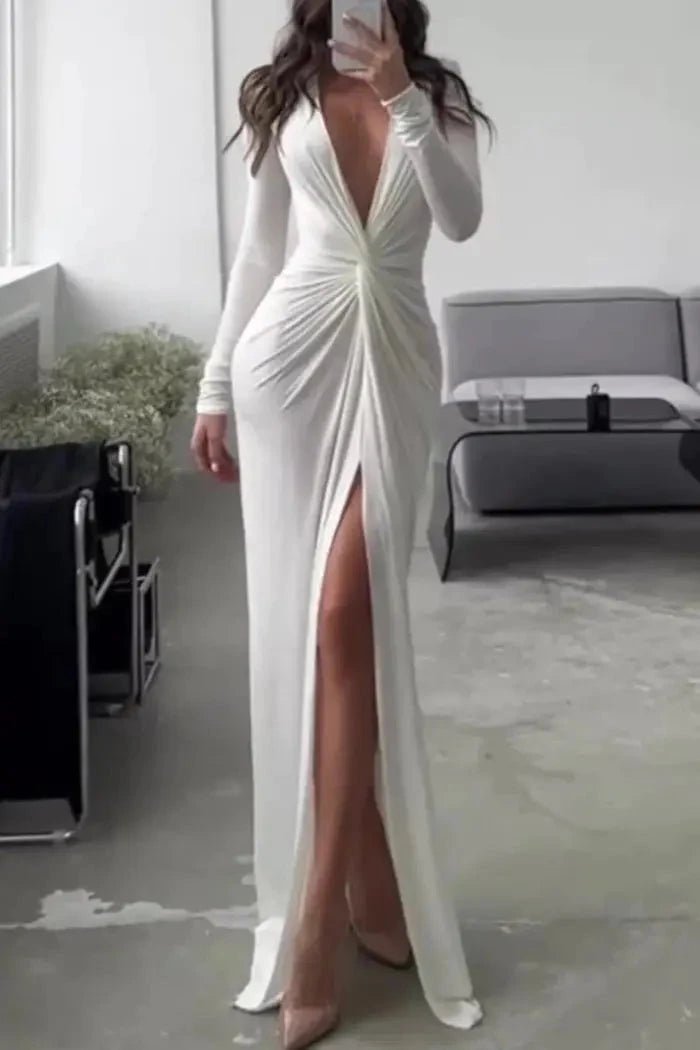 Bella | White Midi Dress V Neck Pleated Elegant 0