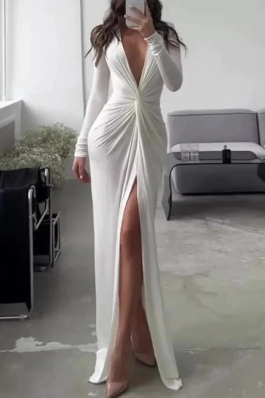 Bella | White Midi Dress V Neck Pleated Elegant 0