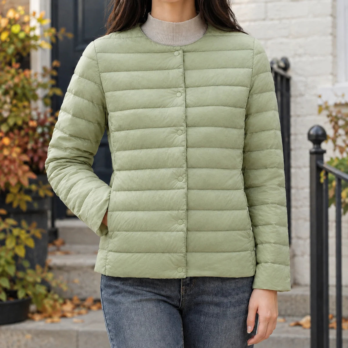 Women's blue quilted jacket, soft woven blend detail