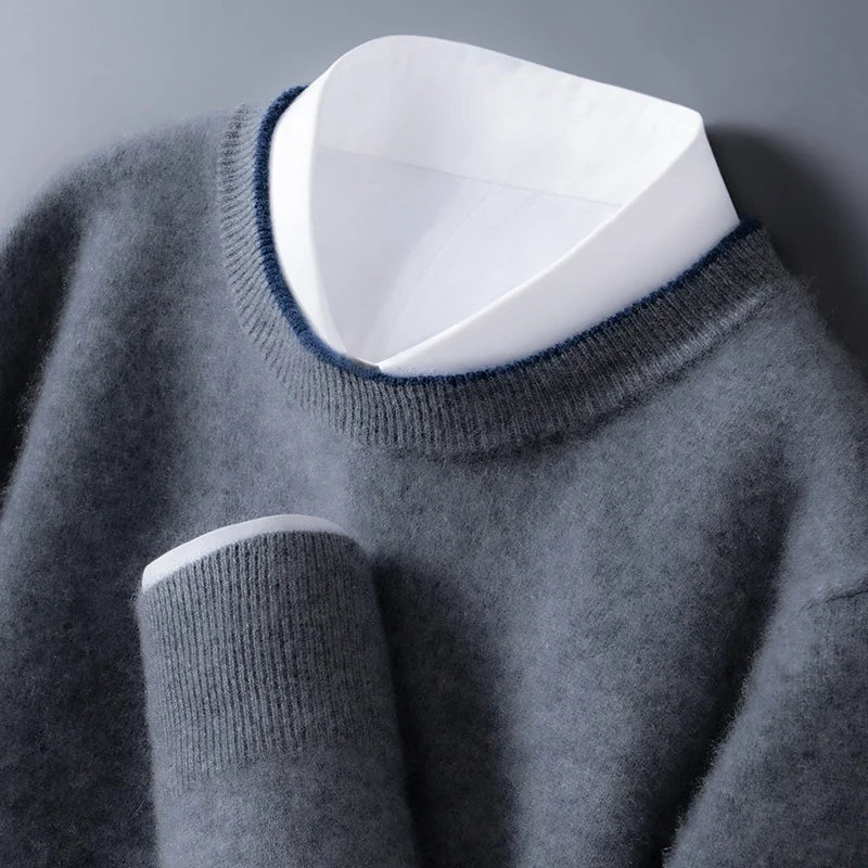 Men's dark gray cashmere crewneck sweater with contrast trim