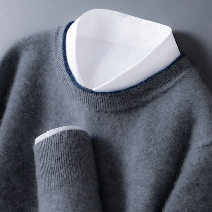 Men's dark gray cashmere crewneck sweater with contrast trim