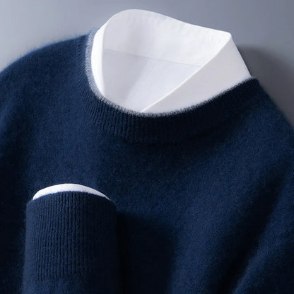 Men's navy blue cashmere crewneck sweater with contrast trim