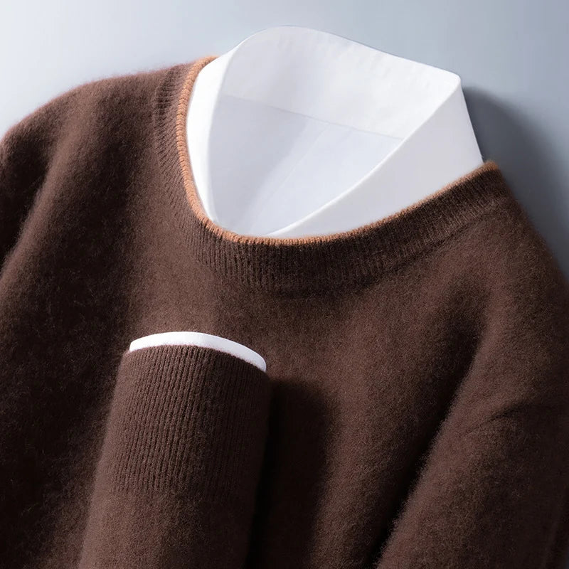 Men's coffee cashmere crewneck sweater with contrast trim
