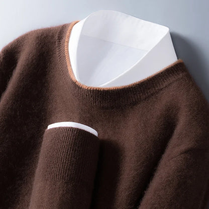 Men's coffee cashmere crewneck sweater with contrast trim