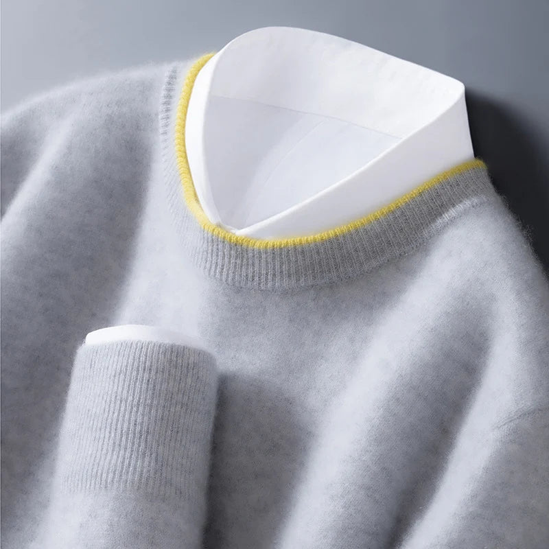 Men's light gray cashmere crewneck sweater with contrast trim