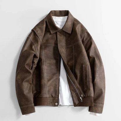 Declan leather bomber jacket worn, lifestyle shot