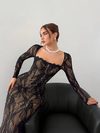 Bethany | Square-Neck Lace-Trim Sheath Dress with High Waist