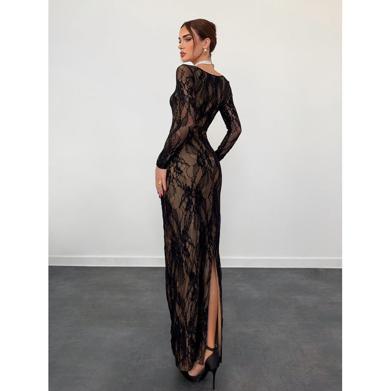 Square-Neck Lace-Trim Sheath Dress with High Waist