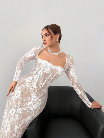 White Square-Neck Lace-Trim Sheath Dress with High Waist