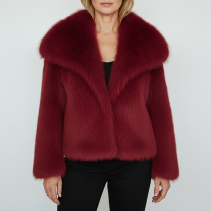 Women's luxe faux fur jacket in burgundy