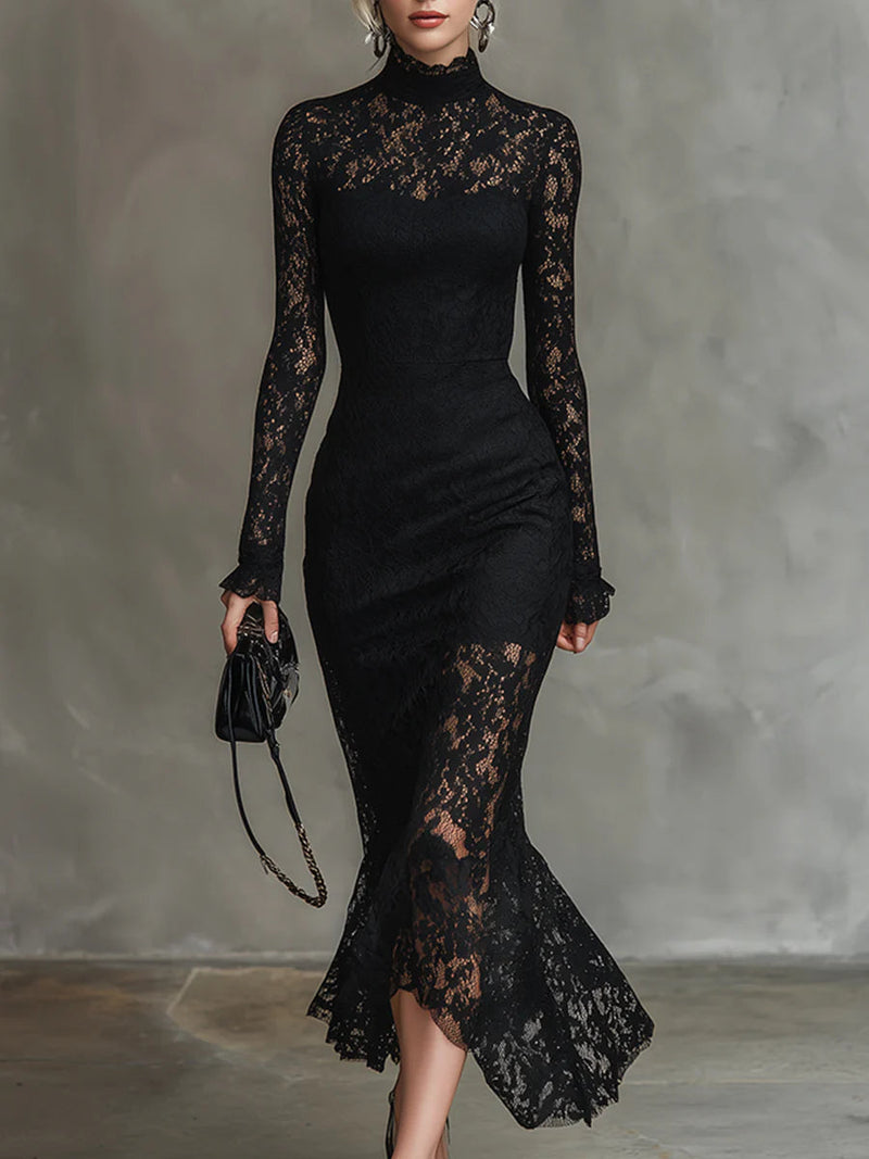 Black Bodycon Midi Dress Long Sleeve Lace Detail 0