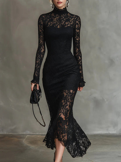 Black Bodycon Midi Dress Long Sleeve Lace Detail 0