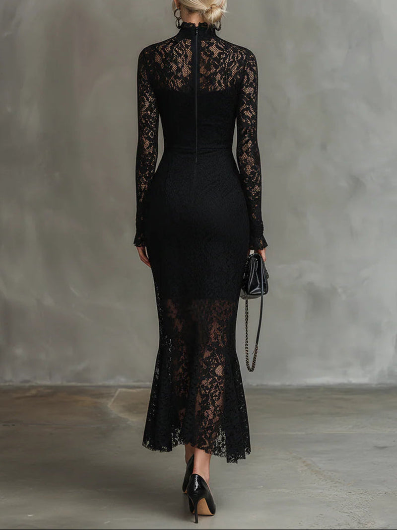 Black Bodycon Midi Dress Long Sleeve Lace Detail 1