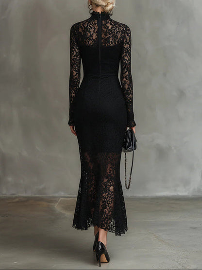 Black Bodycon Midi Dress Long Sleeve Lace Detail 1
