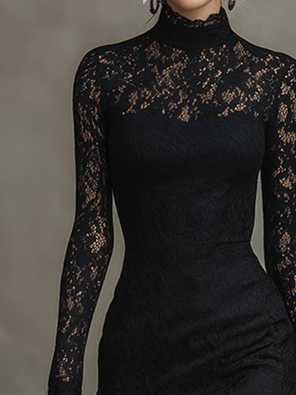 Black Bodycon Midi Dress Long Sleeve Lace Detail 2