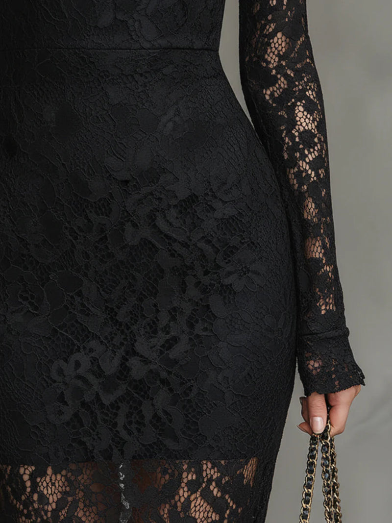 Black Bodycon Midi Dress Long Sleeve Lace Detail 3