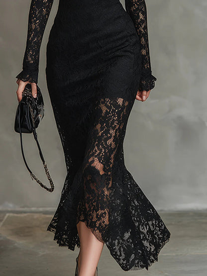 Black Bodycon Midi Dress Long Sleeve Lace Detail 4