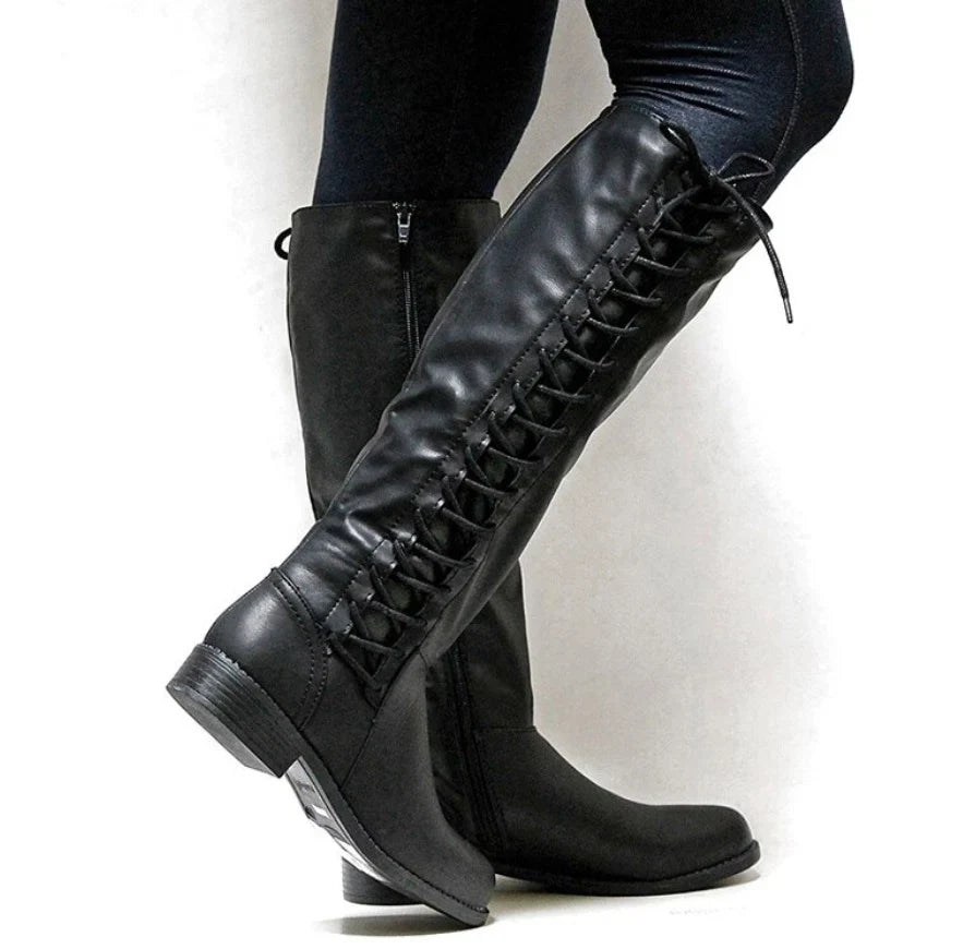 Women's black knee-high boots with side lacing