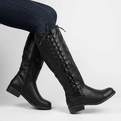 Women's black knee-high boots with side lacing