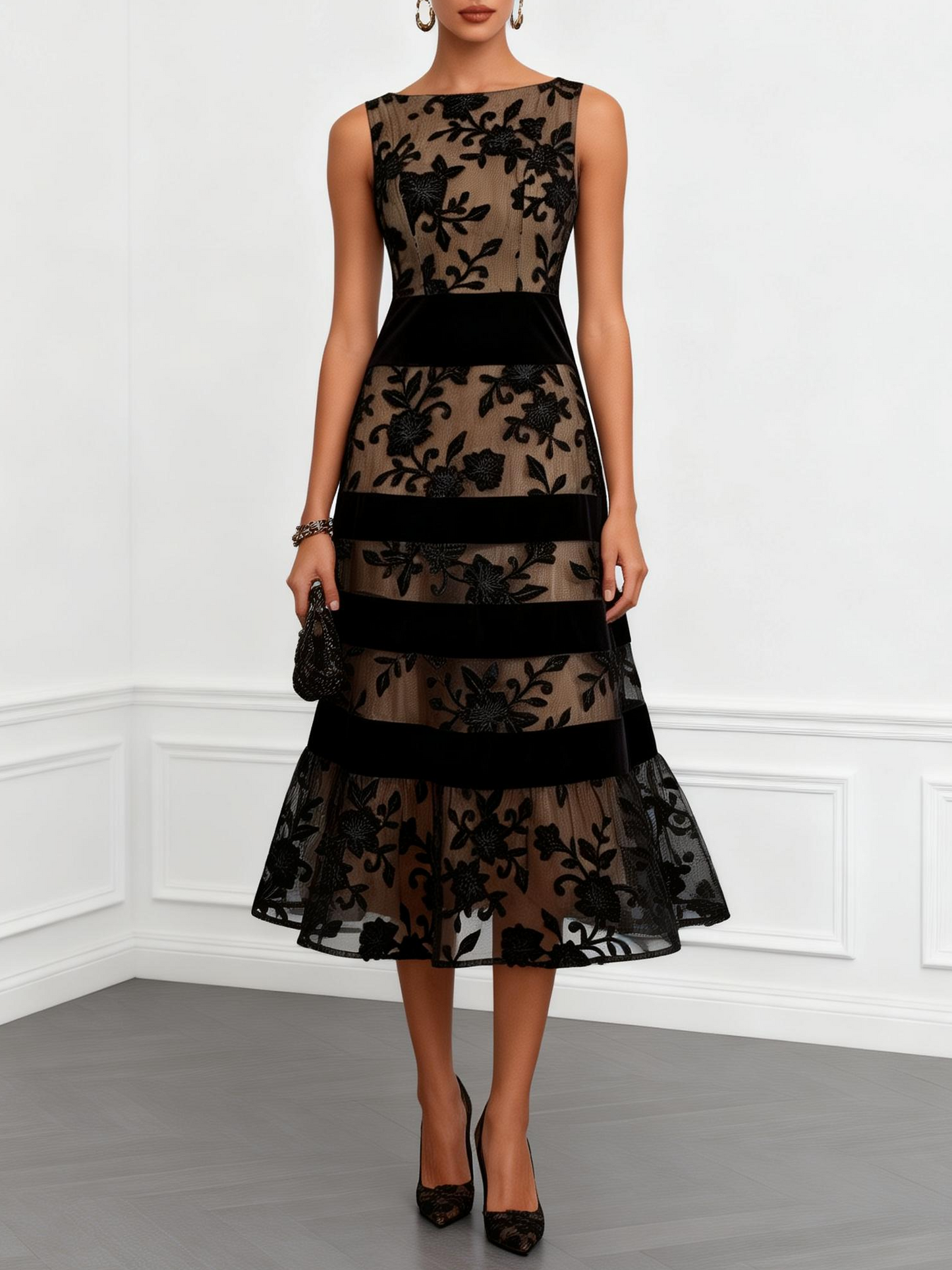 Black Floral Appliqué Boat-Neck A-Line Midi Dress with Tulle Lining