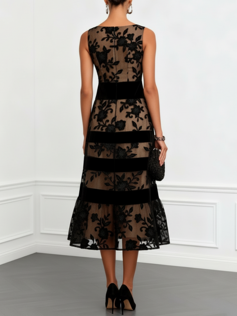 Floral Appliqué Boat-Neck A-Line Midi Dress with Tulle Lining