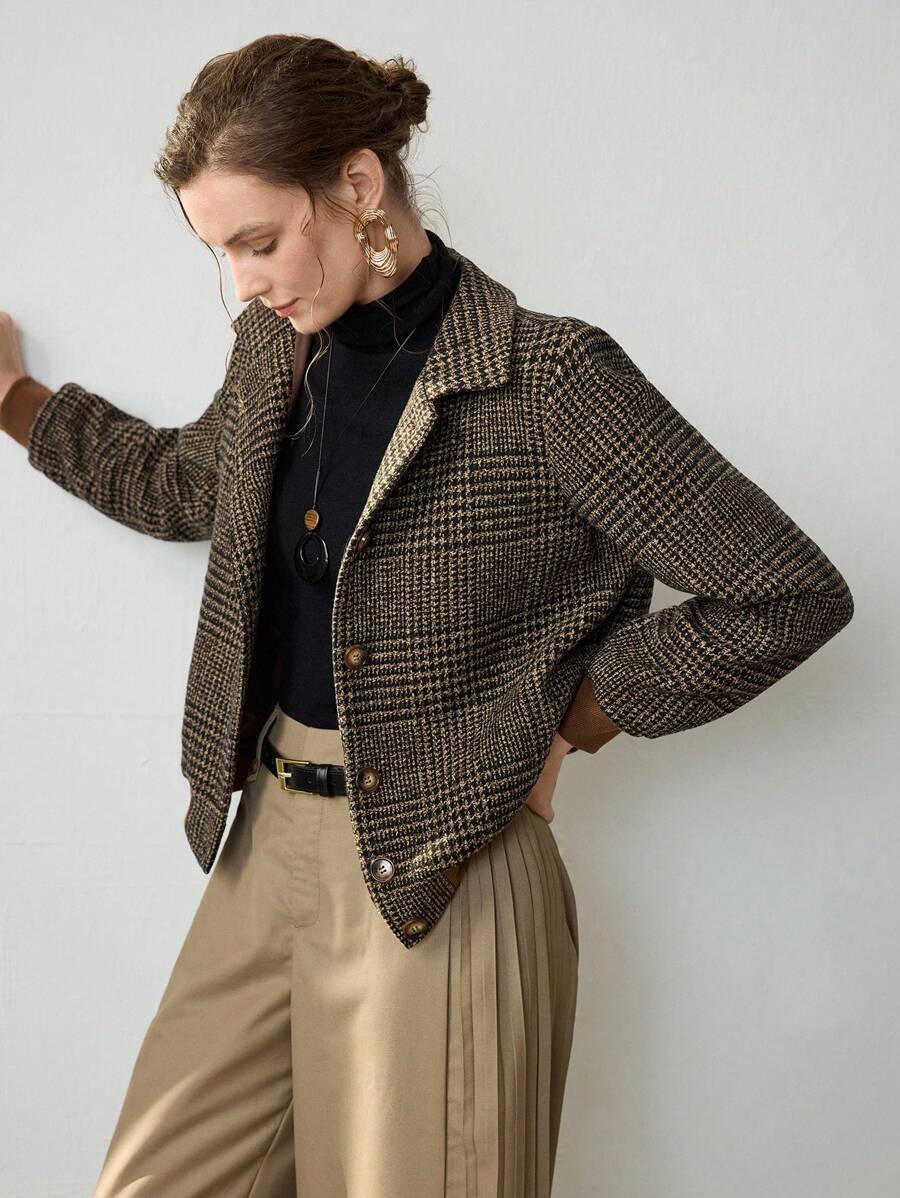 Women's cropped tweed jacket in dark brown