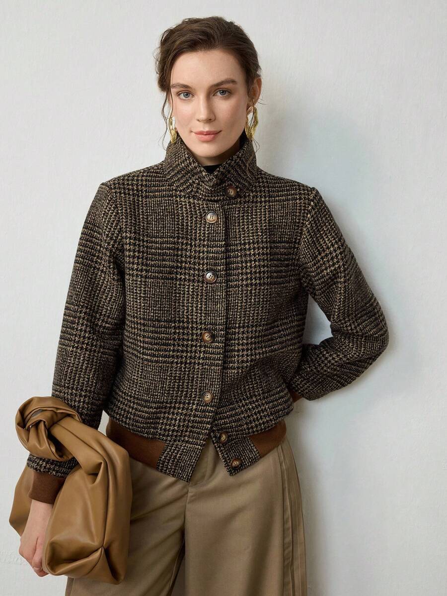 Women's cropped tweed jacket in dark brown