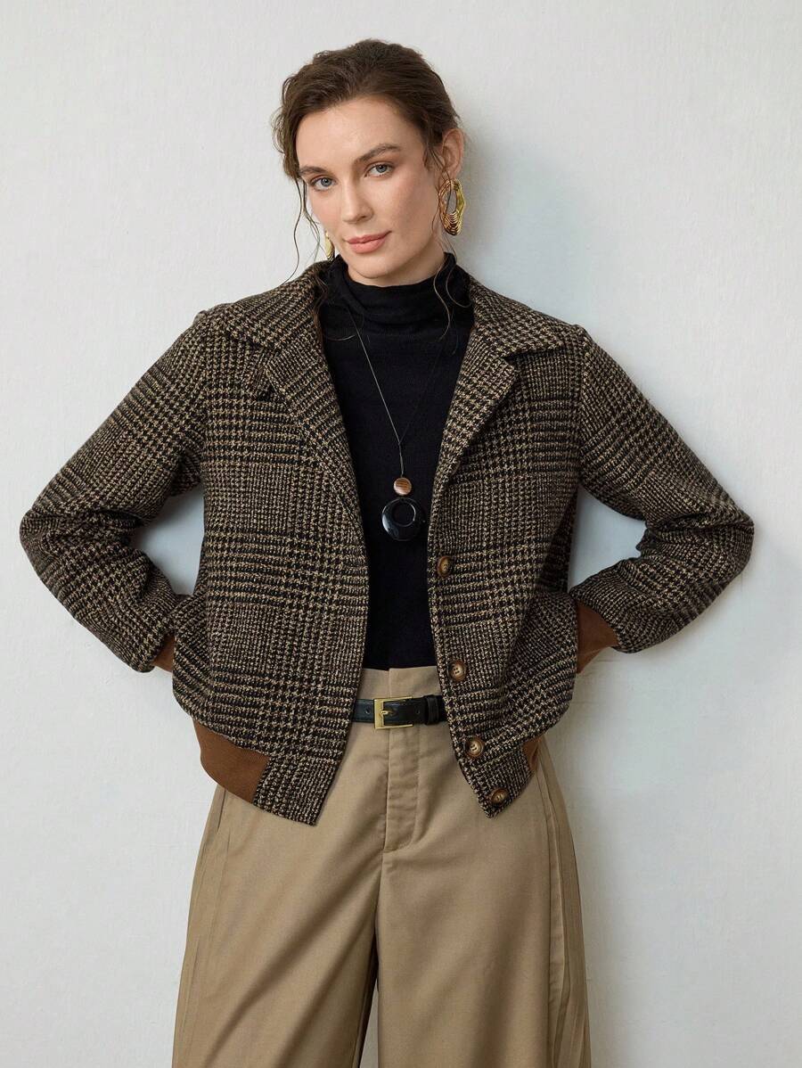 Women's cropped tweed jacket in dark brown