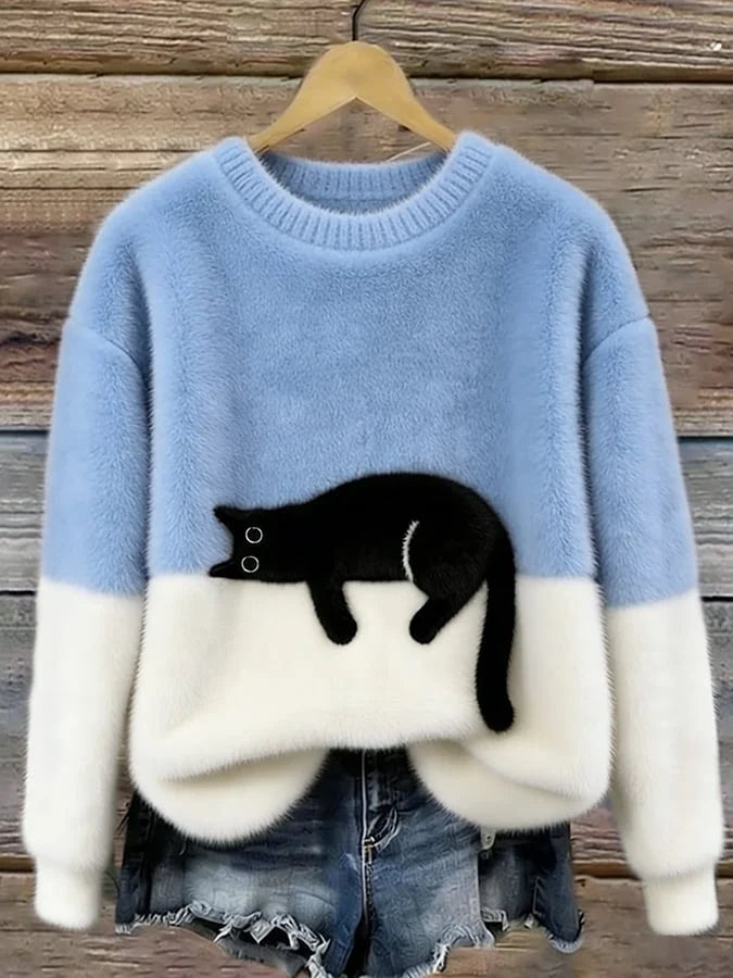 Women's light blue oversized cat sweater with brushed knit