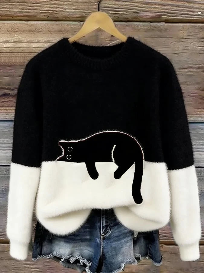 Women's black oversized cat sweater with brushed knit