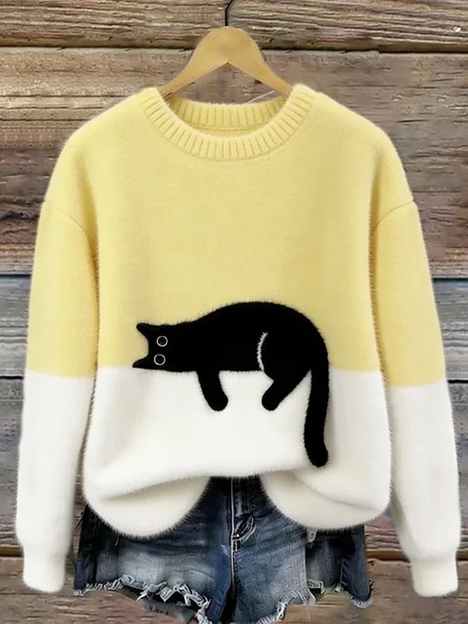 Women's pale yellow oversized cat sweater with brushed knit