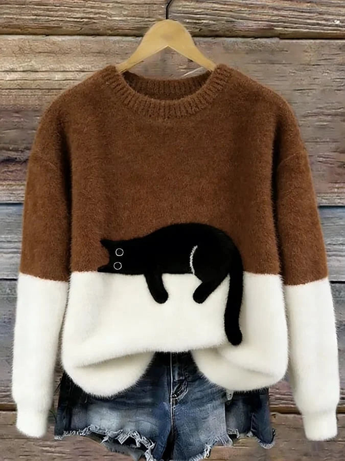 Women's brown oversized cat sweater with brushed knit