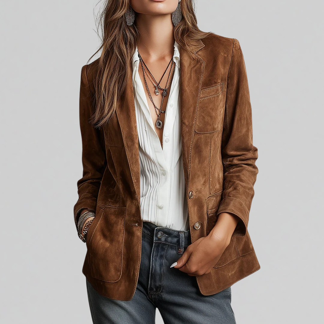 Women's soft tailored faux suede blazer in cognac brown