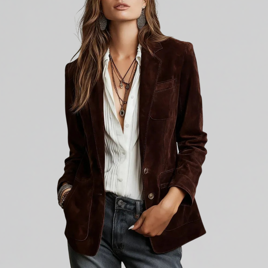 Women's soft tailored faux suede blazer in chestnut brown