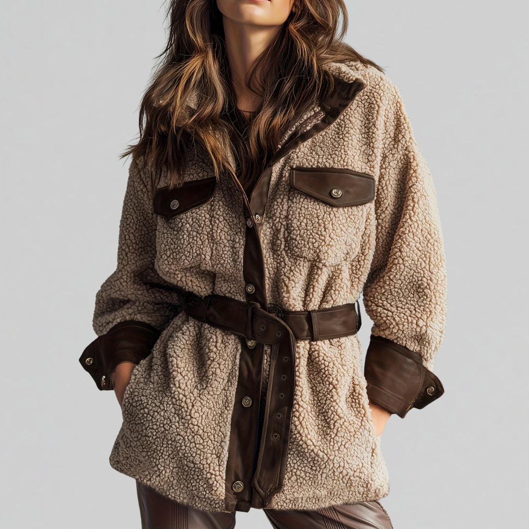 Women's belted teddy jacket in brown