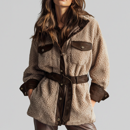 Women's belted teddy jacket in brown
