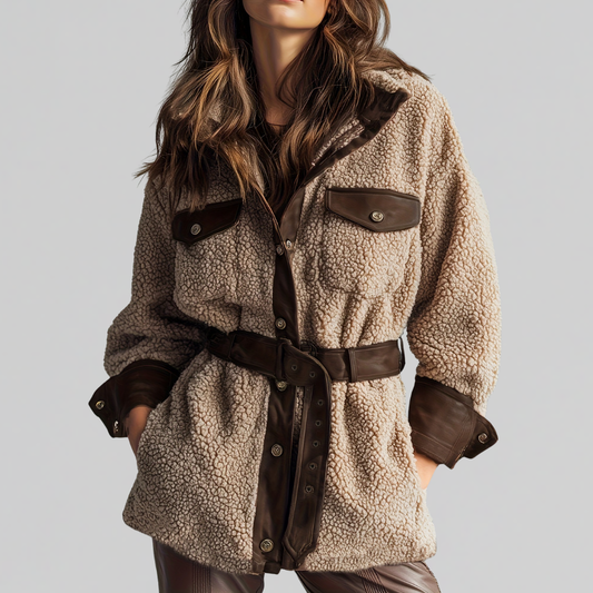 Women's belted teddy jacket in brown