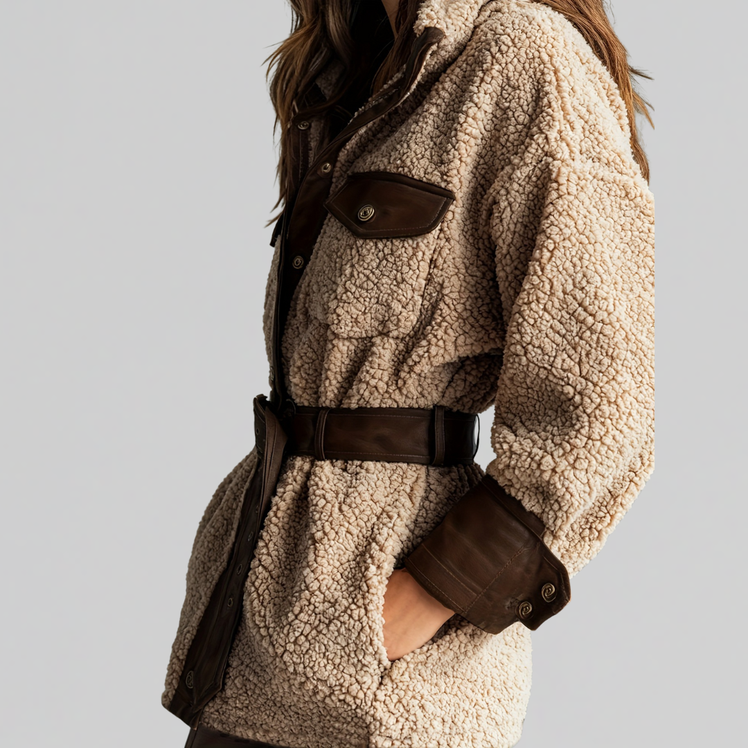 Women's belted teddy jacket in brown