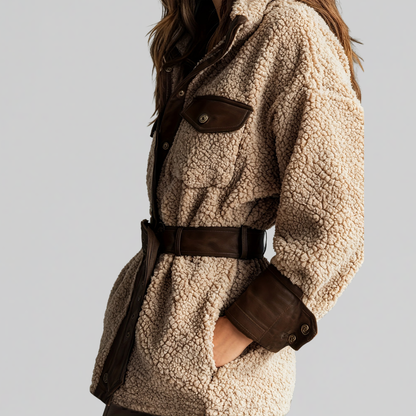 Women's belted teddy jacket in brown