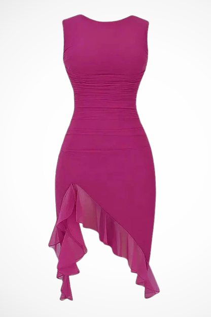Women's black charlotte mesh ruched midi summer dress with ruffle slit
