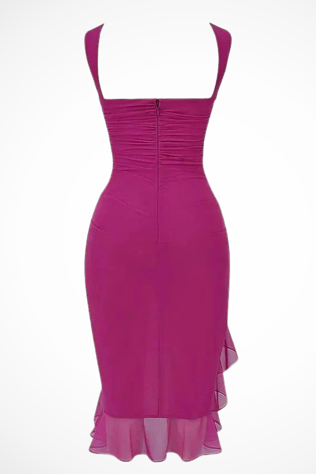 Women's pink charlotte mesh ruched midi summer dress with ruffle slit